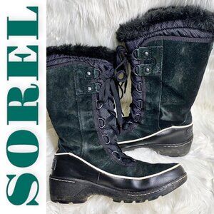SOREL‎ Tivoli III High Black Suede Faux Fur Trimmed Mid-Calf Boot, Size 7.5